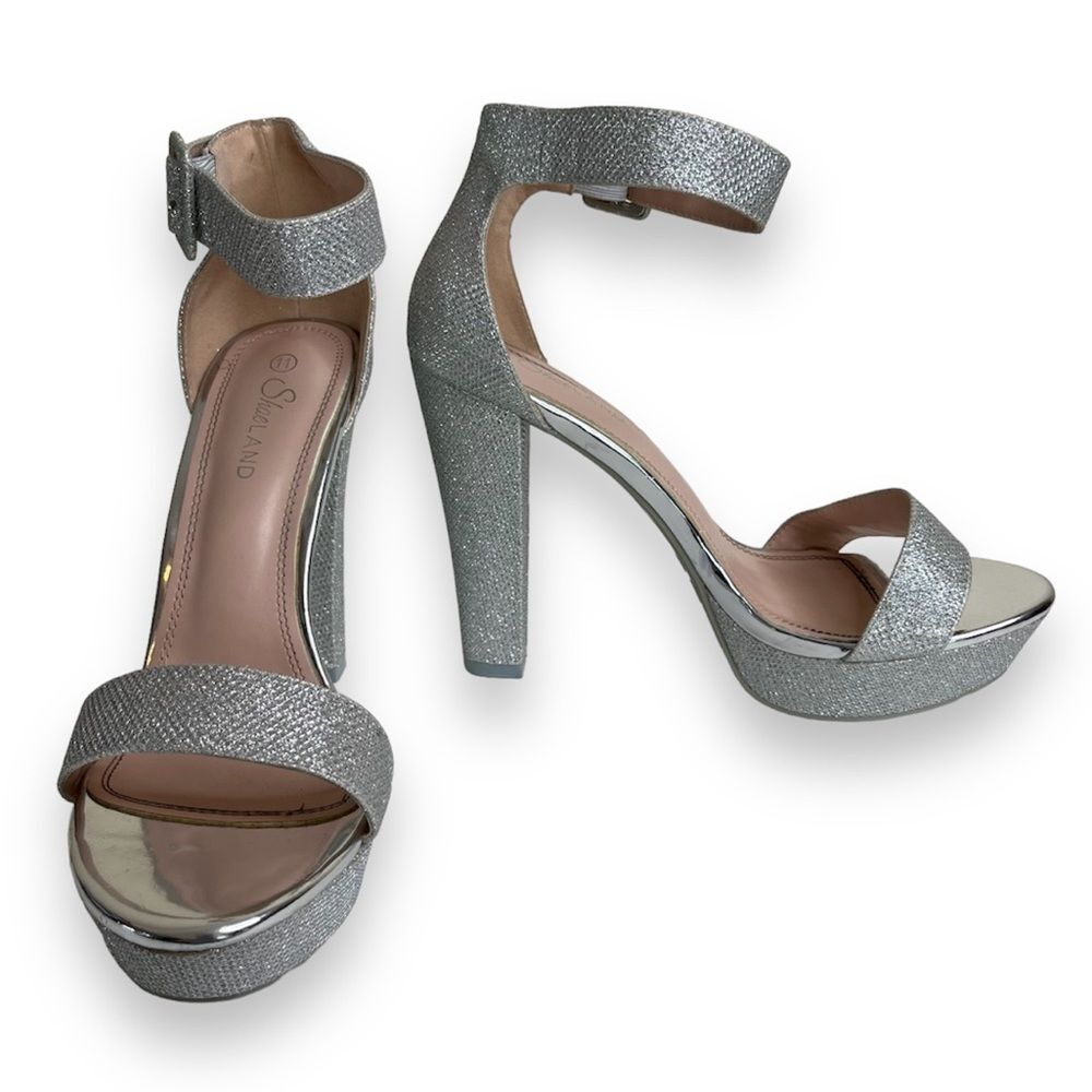 ShoeLand Cutesy Silver Sparkly Metallic Platform Ankle Strap High Heel Womens 11